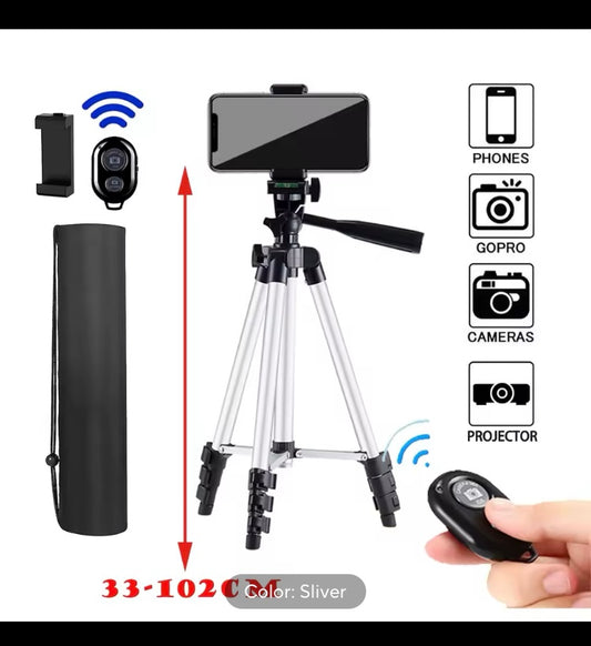 Phone Camera professional Tripod Stand with wireless Bluetooth Remote Phone Holder Lightweight Universal Photography For Apple iPhone Samsung Xiaomi Huawei DSLR GoPro


Comes in two different colors : 1) Black 2) Silver

Let us know about your choice of c