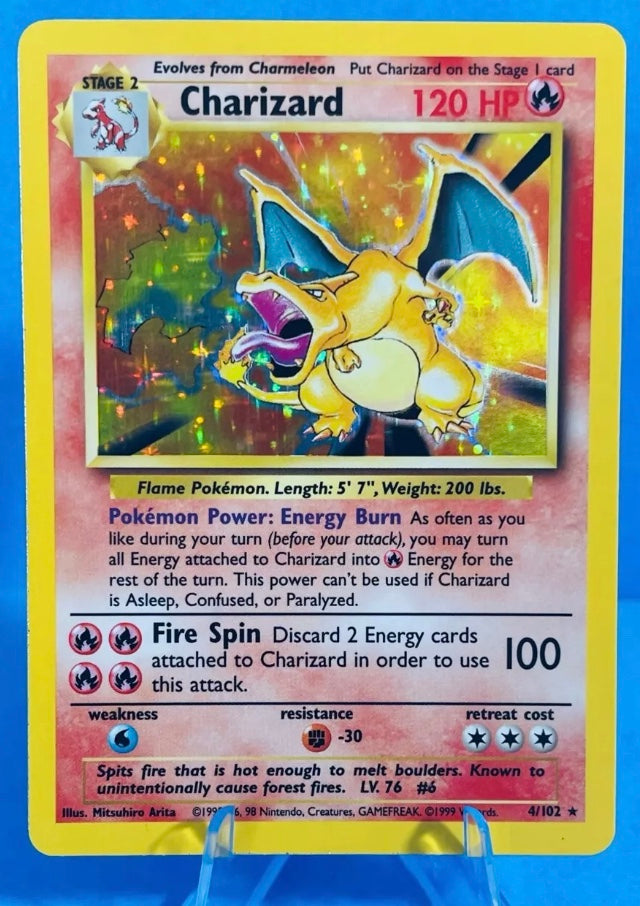 Charizard - 4/102 Holo Rare 1999 Pokemon Base card 100% Authentic

Dating Back to 1999, Pokemon Base Set was the first set of Pokemon cards ever printed. This set contains absolute classics including Charizard, Blastoise, Venusaur, Pikachu, Mewtwo & many