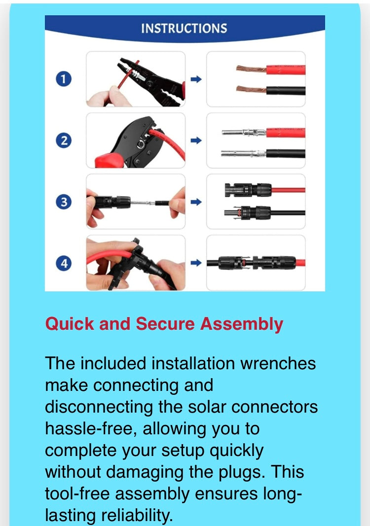 50 Pairs Male Female Solar Cable Connectors Water Proof 30A For DIY Solar Panel 

Includes total 100 connectors ( 50 female and 50 male connectors ) 

Premium Build Quality: Our solar connector kit features pairs of male and female connectors, crafted fro