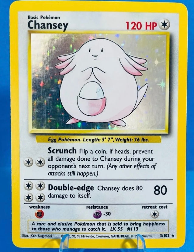 Chansey - 3/102 Holo Rare Pokemon Base Card 1999- 100% Authentic

Dating Back to 1999, Pokemon Base Set was the first set of Pokemon cards ever printed. 

That set contains absolute classics including Charizard, Blastoise, Venusaur, Pikachu, Mewtwo & many