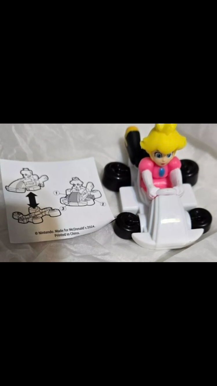 2024 McDonald's Nintendo Mario Kart 10 Deluxe Happy Meal Toys action figure for Kids 

1) Mario Kart   2) Peach Kart   3) Luigi Kart   4) Toadette Kart  5) Donkey Kong Kart  6) Gold Mario Kart   7) Toad Kart   8) Yoshi Kart   9) Bowser Kart   10) pink gol