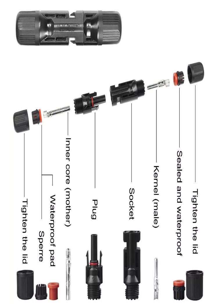 50 Pairs Male Female Solar Cable Connectors Water Proof 30A For DIY Solar Panel 

Includes total 100 connectors ( 50 female and 50 male connectors ) 

Premium Build Quality: Our solar connector kit features pairs of male and female connectors, crafted fro