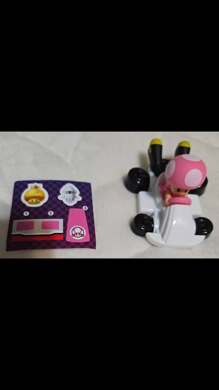 2024 McDonald's Nintendo Mario Kart 10 Deluxe Happy Meal Toys action figure for Kids 

1) Mario Kart   2) Peach Kart   3) Luigi Kart   4) Toadette Kart  5) Donkey Kong Kart  6) Gold Mario Kart   7) Toad Kart   8) Yoshi Kart   9) Bowser Kart   10) pink gol