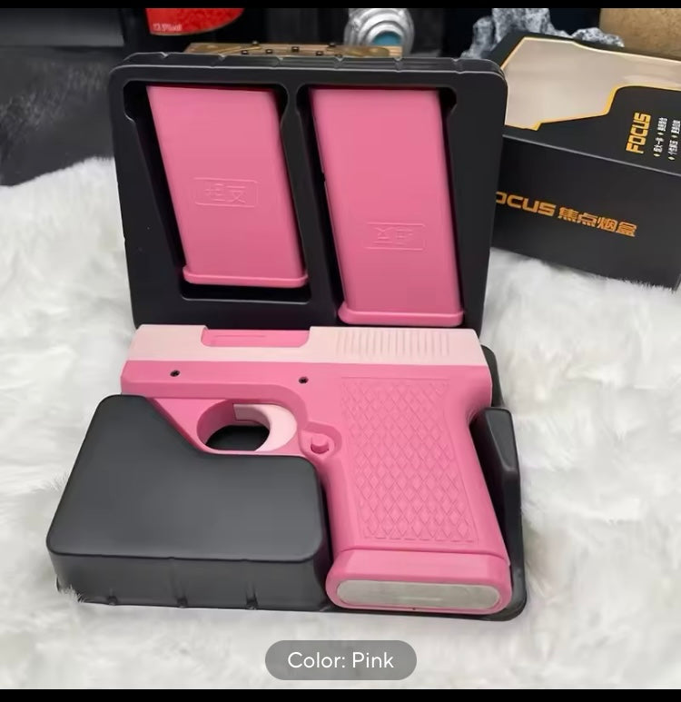 Cool Pistol Style Handgun Firearm Toy Lighter with 3 Cigarette Case Magazine Jet Lighter Gas Lighter Windproof Cigar Lighter 

Three cigarette cases 10 Count, 12 count, 20 count included 

Comes in 4 different colors 
1) Black 
2) Sky Blue 
3) Pink 
4) Ye