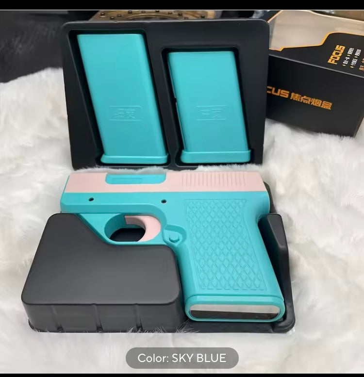 Cool Pistol Style Handgun Firearm Toy Lighter with 3 Cigarette Case Magazine Jet Lighter Gas Lighter Windproof Cigar Lighter 

Three cigarette cases 10 Count, 12 count, 20 count included 

Comes in 4 different colors 
1) Black 
2) Sky Blue 
3) Pink 
4) Ye