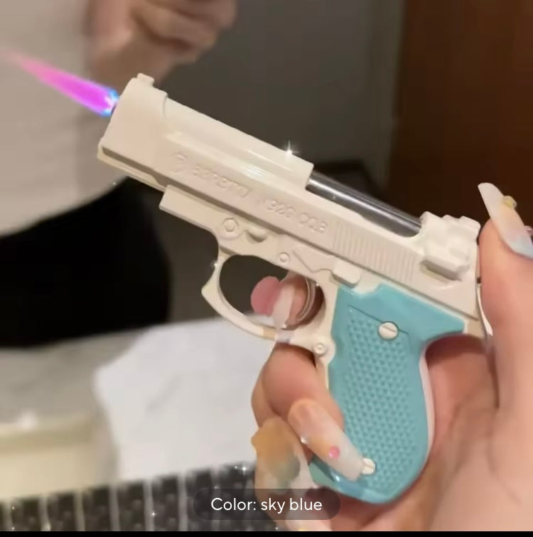 Cool Pistol Style Handgun Firearm Toy Lighter Jet turbo butane Gas Lighter Windproof Cigar Lighter 

Comes in 5 different colors 
1) purple green 
2) blue white 
3) pink white 
4) pink blue 
5) red black 

Let us know about your choice of color at the tim