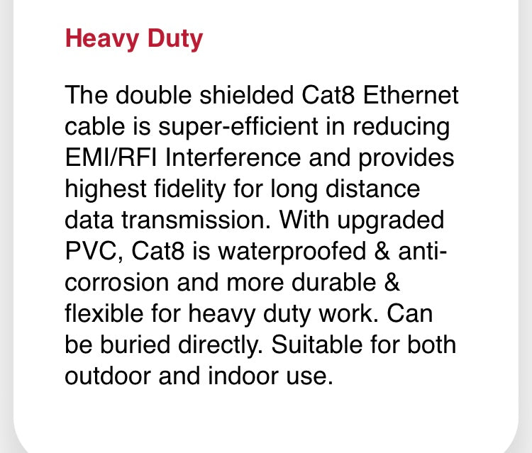 Cat 8 Ethernet RJ45 Cable Super Speed 40Gbps Patch LAN Network Gold Plated 100ft

100ft length 

Cat 8 Ethernet RJ45 Cable Super Speed 40Gbps Patch LAN Network Gold Plated Lot

Heavy duty & Direct Burial】: The double shielded Cat8 Ethernet cable is super-