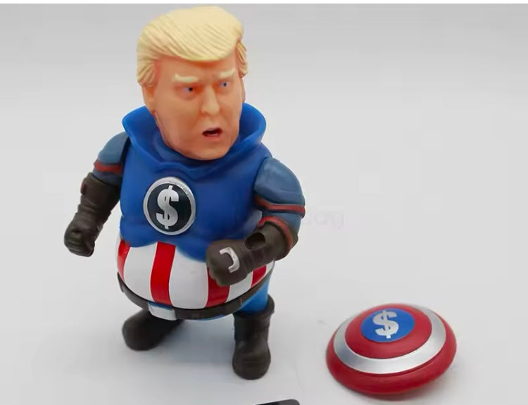 Donald Trump Captain America Cosplay Action Figure Toy movie superhero Collection Entertainment with movable arms and head and removable captain America Shield 

 PVC plastic 

Height : 4 inch , width : 2 inch 

Colour: Multicolour
Material: PVC
Recommend