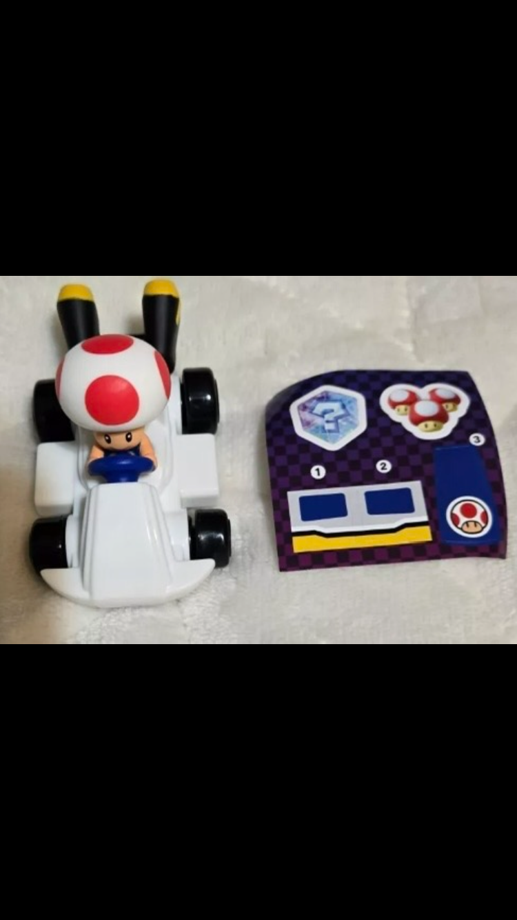 2024 McDonald's Nintendo Mario Kart 10 Deluxe Happy Meal Toys action figure for Kids 

1) Mario Kart   2) Peach Kart   3) Luigi Kart   4) Toadette Kart  5) Donkey Kong Kart  6) Gold Mario Kart   7) Toad Kart   8) Yoshi Kart   9) Bowser Kart   10) pink gol