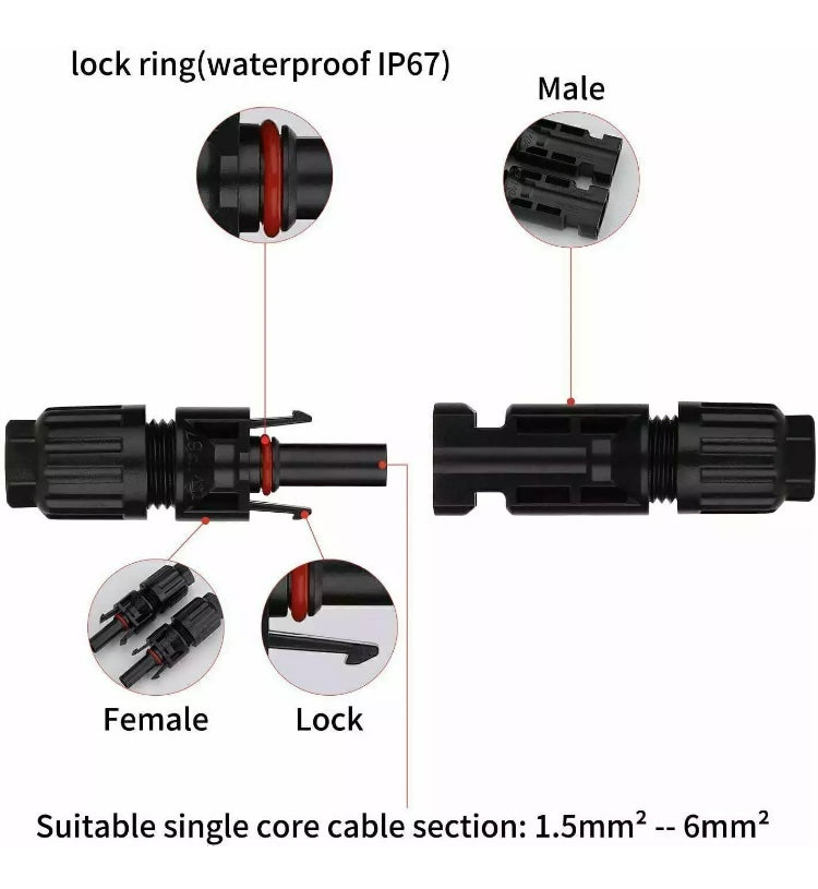 50 Pairs Male Female Solar Cable Connectors Water Proof 30A For DIY Solar Panel 

Includes total 100 connectors ( 50 female and 50 male connectors ) 

Premium Build Quality: Our solar connector kit features pairs of male and female connectors, crafted fro