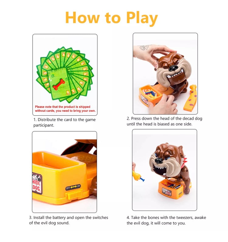 Bulldog Bad Dog Bone Bitting Chew Action Game Flake Out Cards Funny Tricky Toy Kids Game 

Description:
This toy is super funny and amazing for collective entertainment game, the ferocious-looking  simulation design with real dog barking make you feel exc