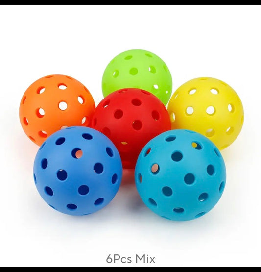 6 Pack Outdoor Pickleball Balls Set. Standard 40 Holes Ball Multicolor USAPA Standard 

made from high-quality plastic. exceptional seam welding offers greater durability and resists splitting 40 small precisely holes to minimize wind interference and cre