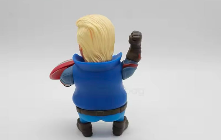 Donald Trump Captain America Cosplay Action Figure Toy movie superhero Collection Entertainment with movable arms and head and removable captain America Shield 

 PVC plastic 

Height : 4 inch , width : 2 inch 

Colour: Multicolour
Material: PVC
Recommend