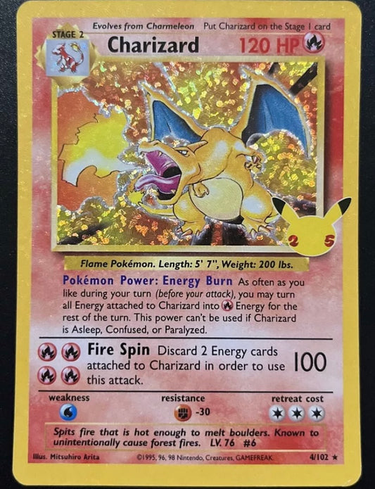 Charizard 4/102 Holo 2021 Pokémon Celebrations Classic Collection 25th Anniversary

Has some light scratches and light perimeter wear, card is clean, no stains or creases.

This card is highly sought after and would make an excellent addition to anyone’s