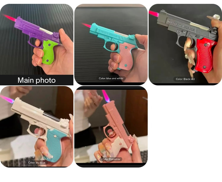 Cool Pistol Style Handgun Firearm Toy Lighter Jet turbo butane Gas Lighter Windproof Cigar Lighter 

Comes in 5 different colors 
1) purple green 
2) blue white 
3) pink white 
4) pink blue 
5) red black 

Let us know about your choice of color at the tim