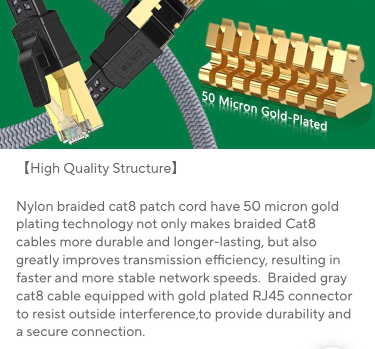 Cat 8 Ethernet RJ45 Cable Nylon Braided 40Gbps LAN Network Gold Plated 25ft super speed 
25 ft length 

Heavy duty : The double shielded Cat8 Ethernet cable is super-efficient in reducing EMI/RFI Interference and provides highest fidelity for long distanc