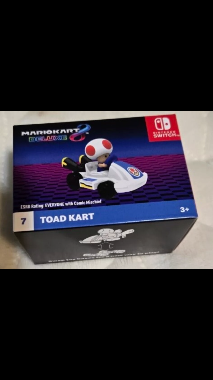 2024 McDonald's Nintendo Mario Kart 10 Deluxe Happy Meal Toys action figure for Kids 

1) Mario Kart   2) Peach Kart   3) Luigi Kart   4) Toadette Kart  5) Donkey Kong Kart  6) Gold Mario Kart   7) Toad Kart   8) Yoshi Kart   9) Bowser Kart   10) pink gol