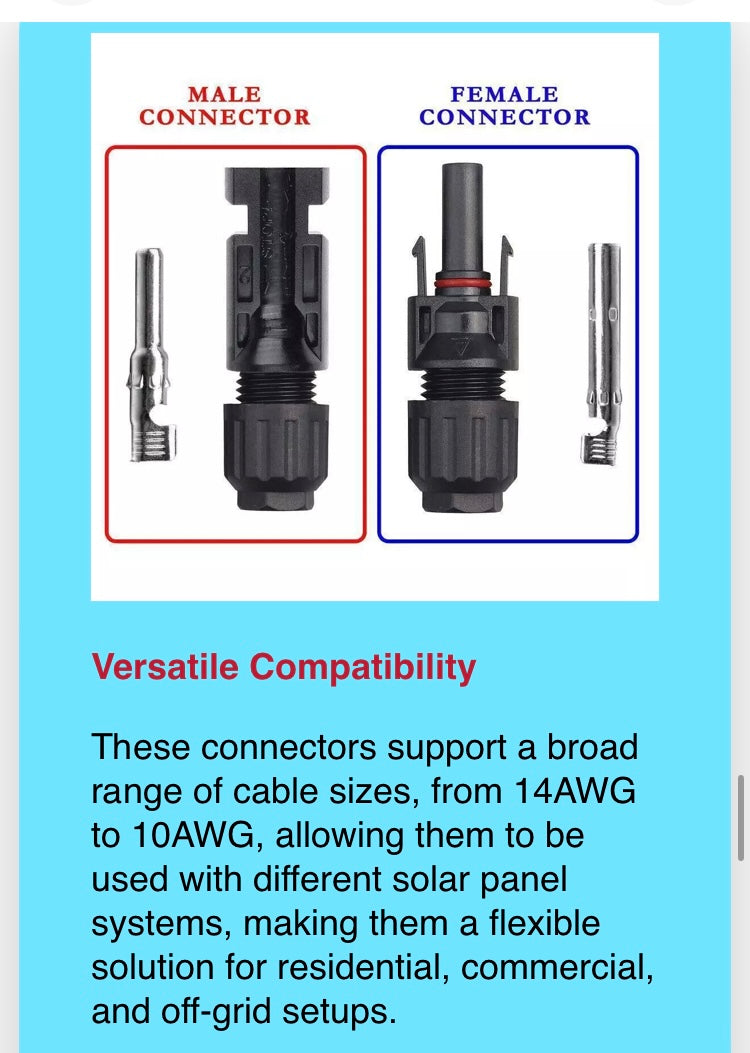 50 Pairs Male Female Solar Cable Connectors Water Proof 30A For DIY Solar Panel 

Includes total 100 connectors ( 50 female and 50 male connectors ) 

Premium Build Quality: Our solar connector kit features pairs of male and female connectors, crafted fro