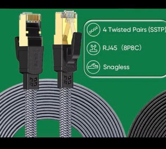 Cat 8 Ethernet RJ45 Cable Nylon Braided 40Gbps LAN Network Gold Plated 25ft super speed 
25 ft length 

Heavy duty : The double shielded Cat8 Ethernet cable is super-efficient in reducing EMI/RFI Interference and provides highest fidelity for long distanc