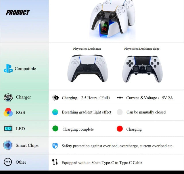 PlayStation 5 PS5 Disc Slim Digital console Controller DualSense Fast Charging Station

it is compatible with DualSense Edge controllers. The ps5 controller charger station two sides with LED ambient light, creating a relaxing and romantic environment, le