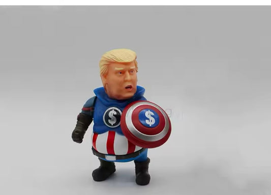 Donald Trump Captain America Cosplay Action Figure Toy movie superhero Collection Entertainment with movable arms and head and removable captain America Shield 

 PVC plastic 

Height : 4 inch , width : 2 inch 

Colour: Multicolour
Material: PVC
Recommend