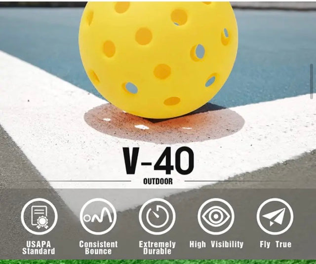 6 Pack Outdoor Pickleball Balls Set. Standard 40 Holes Ball Multicolor USAPA Standard 

made from high-quality plastic. exceptional seam welding offers greater durability and resists splitting 40 small precisely holes to minimize wind interference and cre