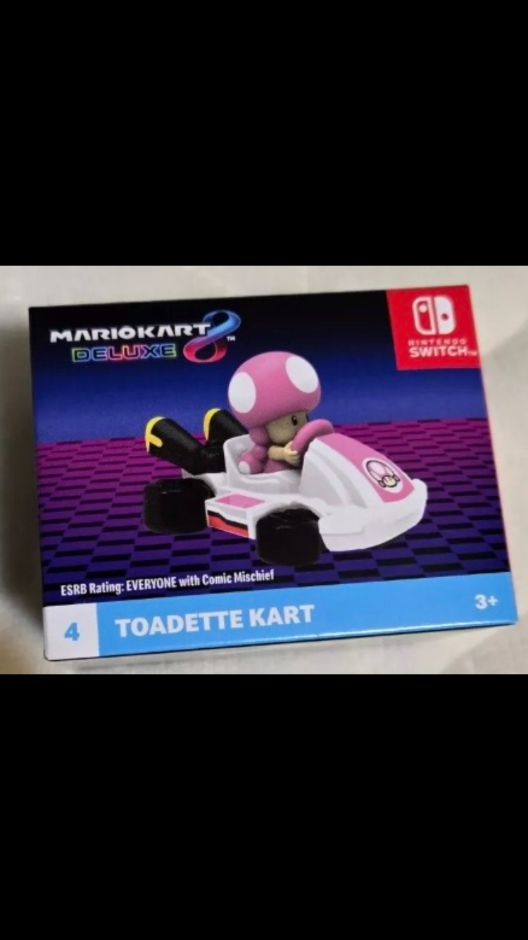 2024 McDonald's Nintendo Mario Kart 10 Deluxe Happy Meal Toys action figure for Kids 

1) Mario Kart   2) Peach Kart   3) Luigi Kart   4) Toadette Kart  5) Donkey Kong Kart  6) Gold Mario Kart   7) Toad Kart   8) Yoshi Kart   9) Bowser Kart   10) pink gol