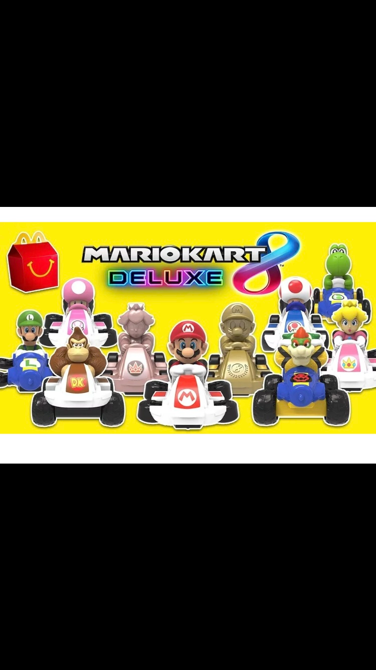 2024 McDonald's Nintendo Mario Kart 10 Deluxe Happy Meal Toys action figure for Kids 

1) Mario Kart   2) Peach Kart   3) Luigi Kart   4) Toadette Kart  5) Donkey Kong Kart  6) Gold Mario Kart   7) Toad Kart   8) Yoshi Kart   9) Bowser Kart   10) pink gol