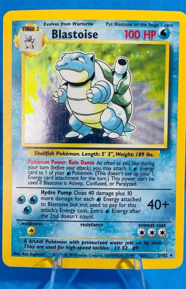 Blastoise - 2/102 Holo Rare 1999 Pokemon Base Set Card 100% Authentic

Dating Back to 1999, Pokemon Base Set was the first set of Pokemon cards ever printed. 

That set contains absolute classics including Charizard, Blastoise, Venusaur, Pikachu, Mewtwo