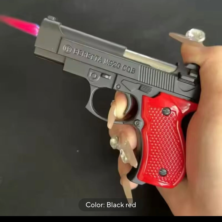 Cool Pistol Style Handgun Firearm Toy Lighter Jet turbo butane Gas Lighter Windproof Cigar Lighter 

Comes in 5 different colors 
1) purple green 
2) blue white 
3) pink white 
4) pink blue 
5) red black 

Let us know about your choice of color at the tim