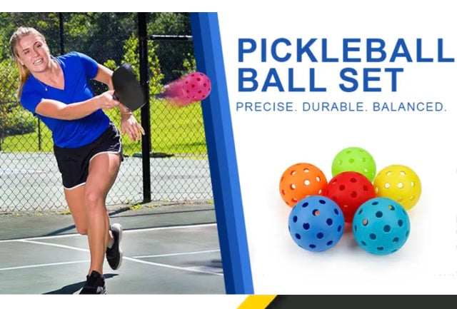 6 Pack Outdoor Pickleball Balls Set. Standard 40 Holes Ball Multicolor USAPA Standard 

made from high-quality plastic. exceptional seam welding offers greater durability and resists splitting 40 small precisely holes to minimize wind interference and cre