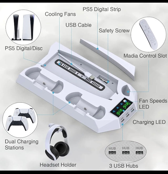 Playstation 5 PS5 Disc Digital Slim Console DualSense Controller Charging Cooling fan module 

The PS5 cooling fan has 3 adjustable levels: Strong/Medium/Normal. With enlarged 2.36in turbofan, It pulls out hot air from the bottom of console and efficientl