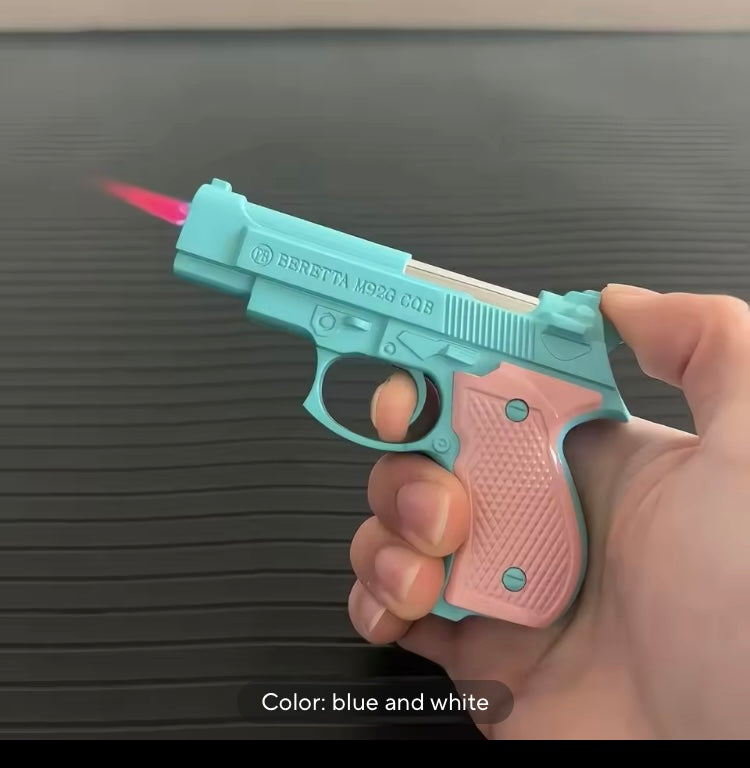 Cool Pistol Style Handgun Firearm Toy Lighter Jet turbo butane Gas Lighter Windproof Cigar Lighter 

Comes in 5 different colors 
1) purple green 
2) blue white 
3) pink white 
4) pink blue 
5) red black 

Let us know about your choice of color at the tim